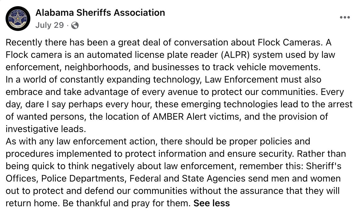 Screenshot of the Alabama Sheriffs Association's July 29, 2026 public statement on Flock cameras
